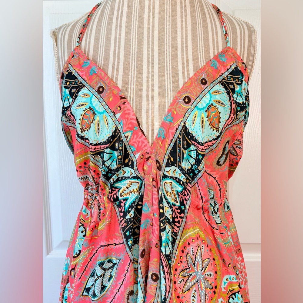 Silk Boho India Floral Gold Metallic Swimsuit Cover Up Medium - Picture 2 of 9